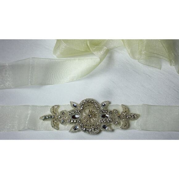 Ivory Organza Rhinestone Beaded Bridal Party Formal Prom Gown Dress Belt Sash - Picture 3 of 4
